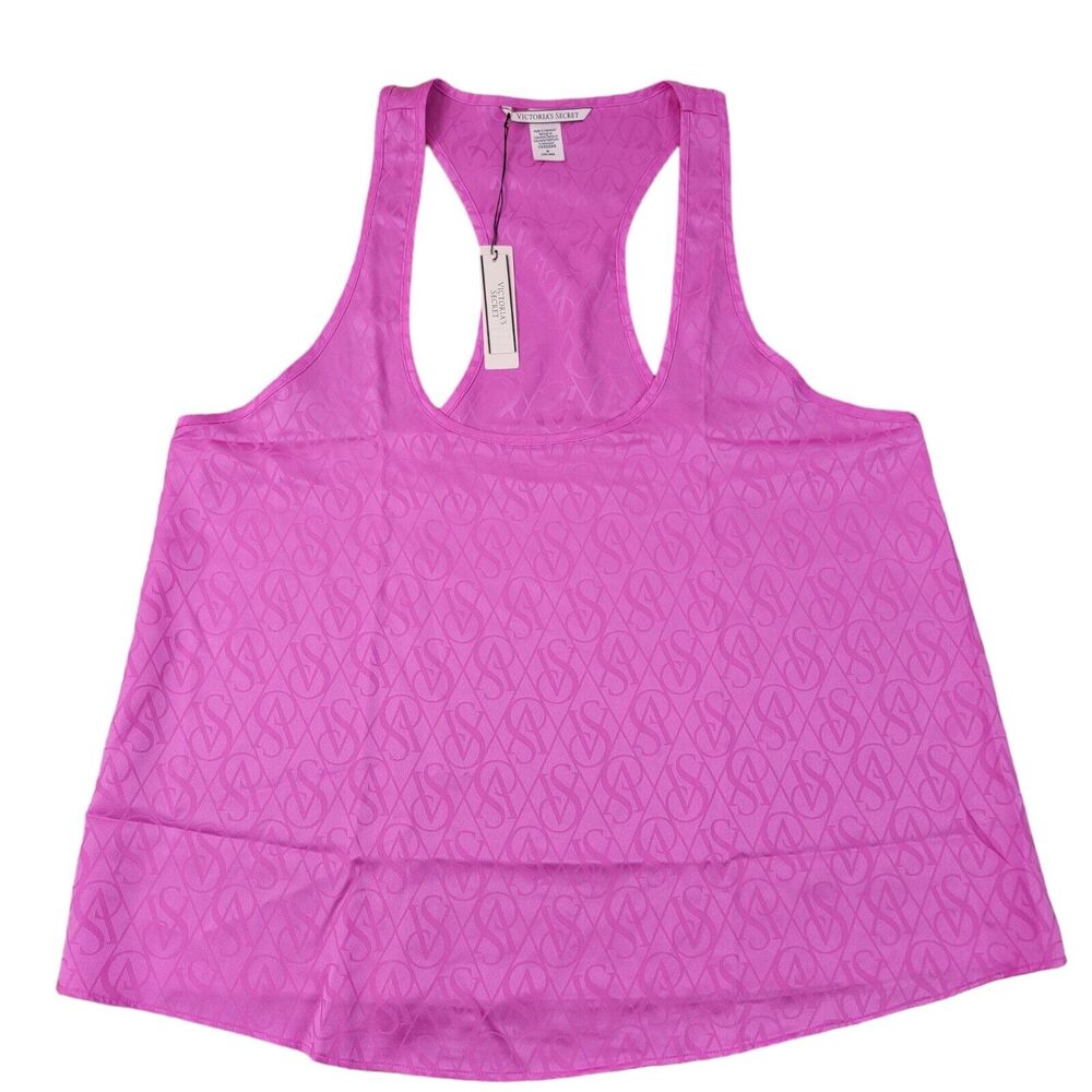 VICTORIA'S SECRET Satin Racerback Tank Pink Berry Logo Womens Size Medium Relax